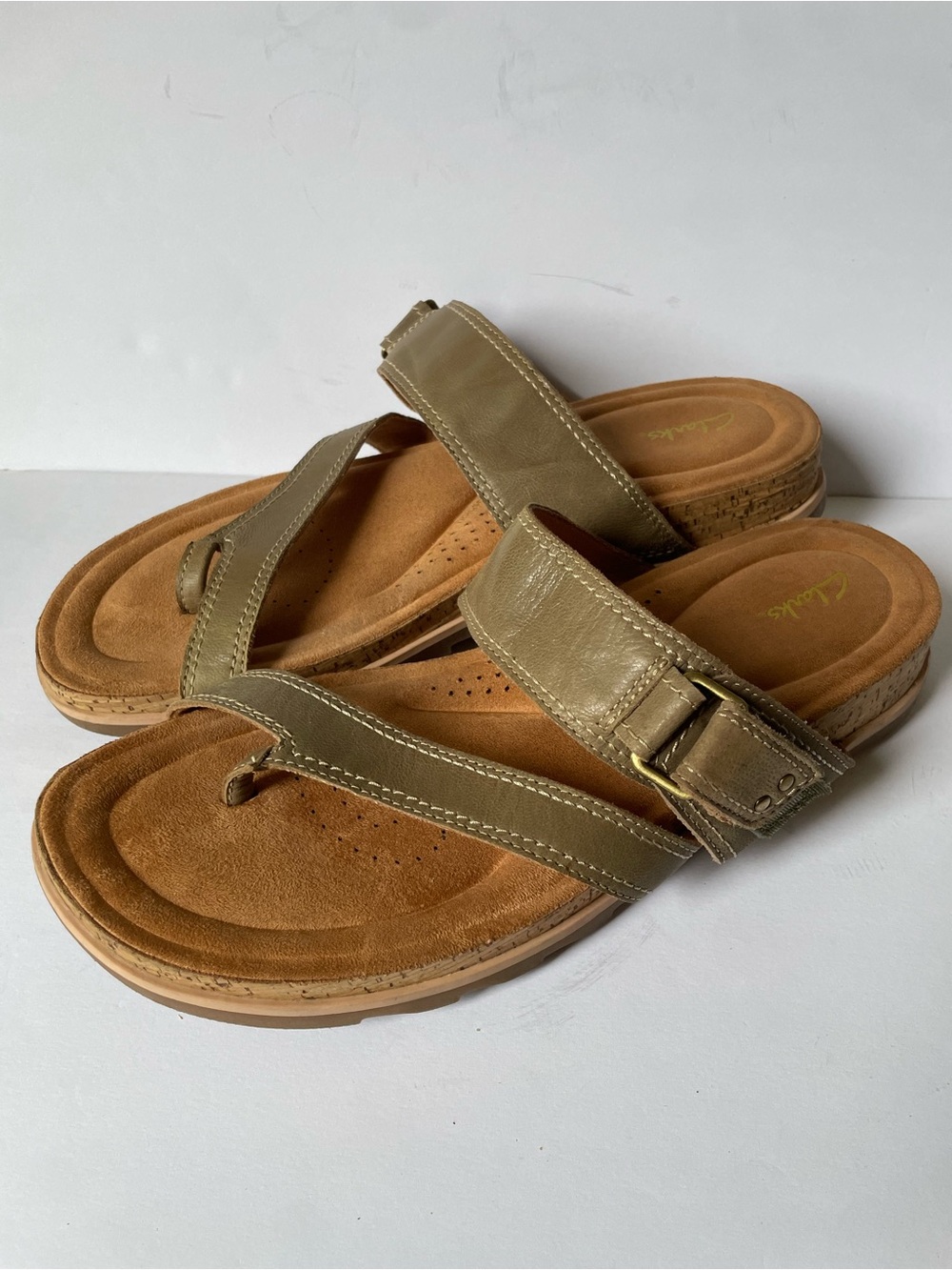 Women’s Clarks Leather Slide Open Thong Toe Comfortable Casual Sandals Size 11 M